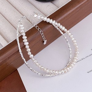 925 Sterling Silver Aquamarine Fresh Water Pearl Bracelet 100500047
