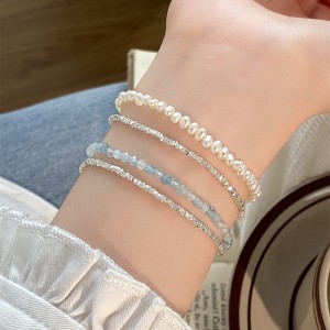 925 Sterling Silver Aquamarine Fresh Water Pearl Bracelet 100500047