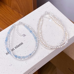 925 Sterling Silver Aquamarine Fresh Water Pearl Bracelet 100500047