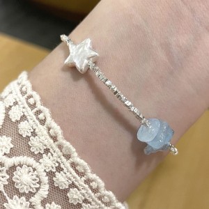 925 Sterling Silver Vintage Aquamarine Pearl Crystal Bracelet 100500048