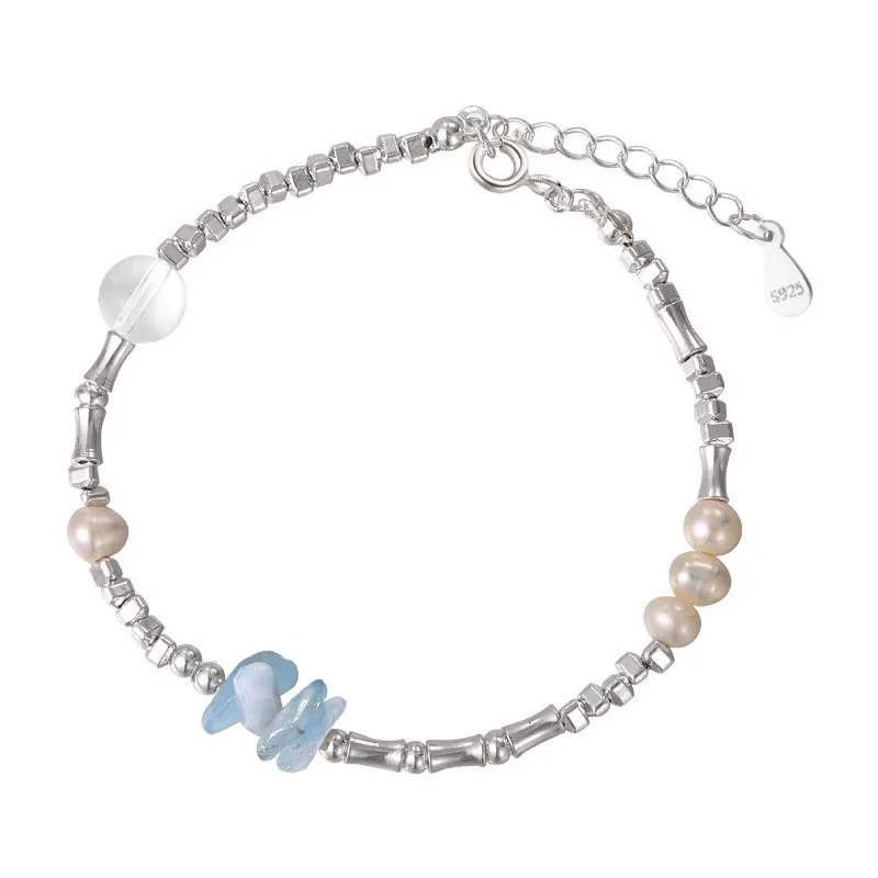 925 Sterling Silver Aquamarine Pearl Crystal Bracelets 100500049