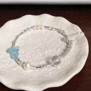 925 Sterling Silver Aquamarine Pearl Crystal Bracelets 100500049