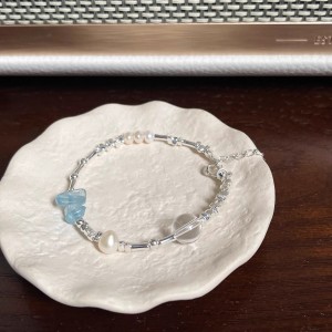 925 Sterling Silver Aquamarine Pearl Crystal Bracelets 100500049