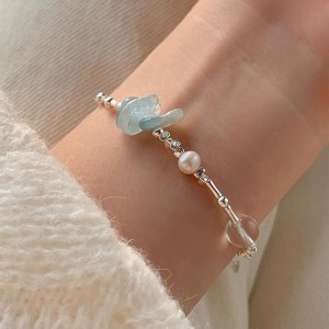 925 Sterling Silver Aquamarine Pearl Crystal Bracelets 100500049
