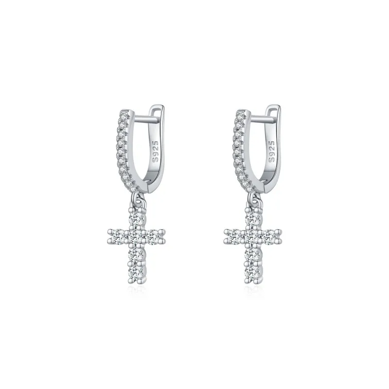 S925 Sparkle Cross Moissanite Hoop Earring 110100015