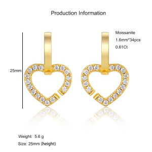 925 Sterling Silver 18K Gold Plated Moissanite Heart Earring 110100042 925 Sterling Silver 18K Gold Plated Moissanite Heart Earring 110100042