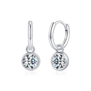 925 Sterling Silver Round Moissanite Bezel Drop Hoop Earrings 110100047 925 Sterling Silver Round Moissanite Bezel Drop Hoop Earrings 110100047