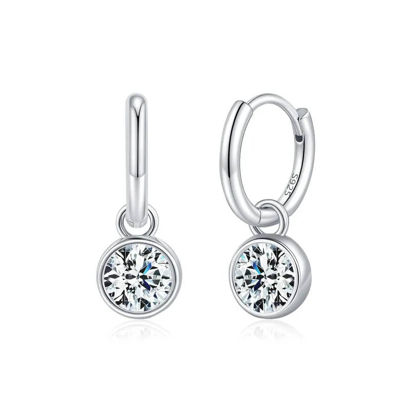 925 Sterling Silver Round Moissanite Bezel Drop Hoop Earrings 110100047