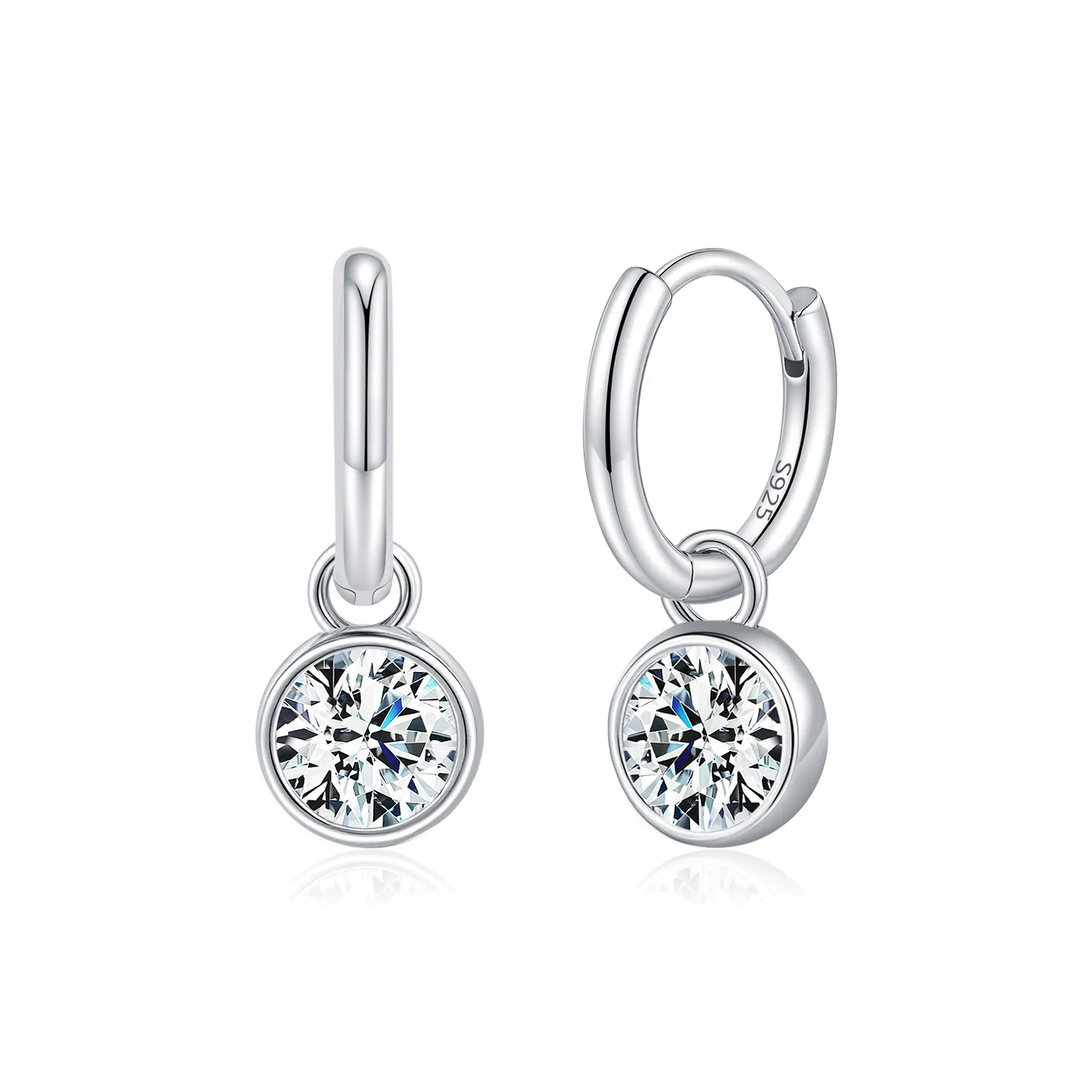 925 Sterling Silver Round Moissanite Bezel Drop Hoop Earrings 110100047 925 Sterling Silver Round Moissanite Bezel Drop Hoop Earrings 110100047