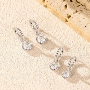 925 Sterling Silver Round Moissanite Bezel Drop Hoop Earrings 110100047 925 Sterling Silver Round Moissanite Bezel Drop Hoop Earrings 110100047
