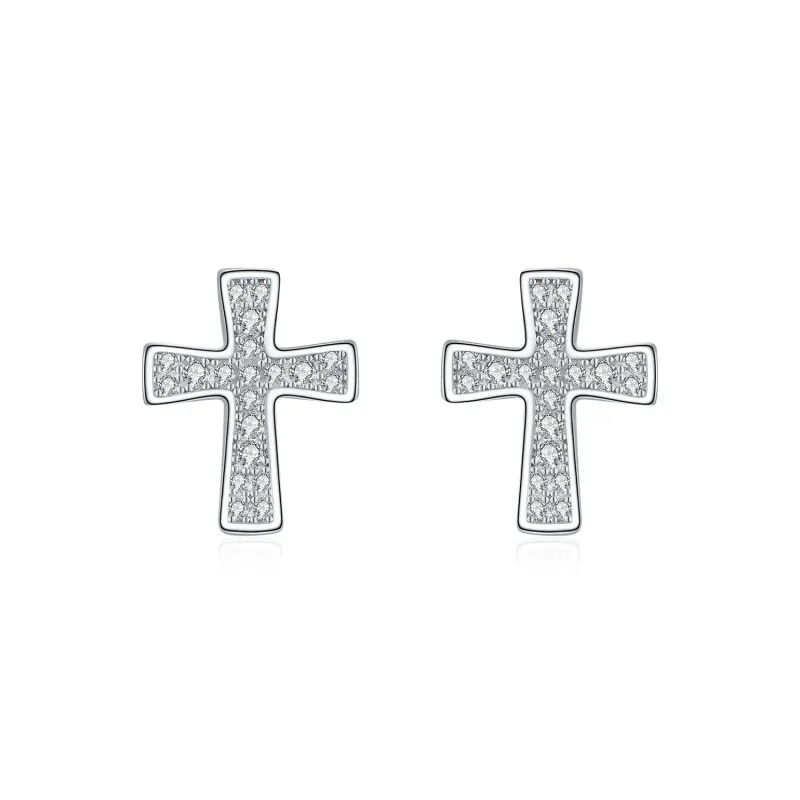 925 Sterling Silver Pave Set Moissanite Cross Stud Earrings 110100050