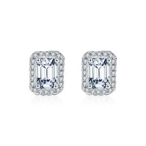 925 Sterling Silver Vintage Emerald Cut Halo Moissanite Earrings 110100051