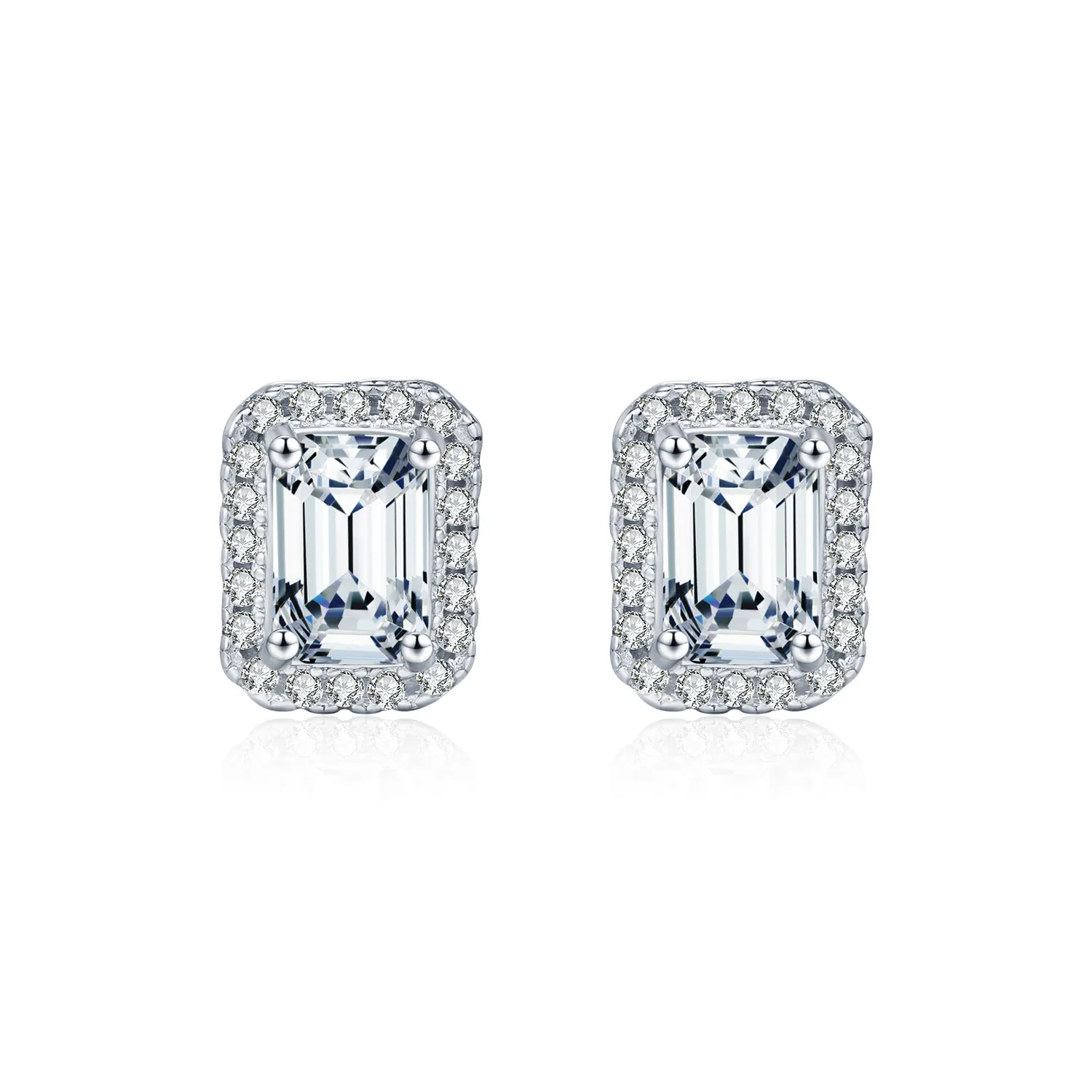925 Sterling Silver Vintage Emerald Cut Halo Moissanite Earrings 110100051
