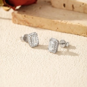 925 Sterling Silver Vintage Emerald Cut Halo Moissanite Earrings 110100051