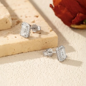 925 Sterling Silver Vintage Emerald Cut Halo Moissanite Earrings 110100051