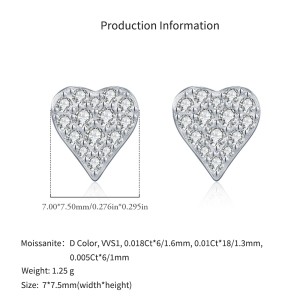 925 Sterling Silver Full Pave Moissanite Heart Stud Earrings 110100053