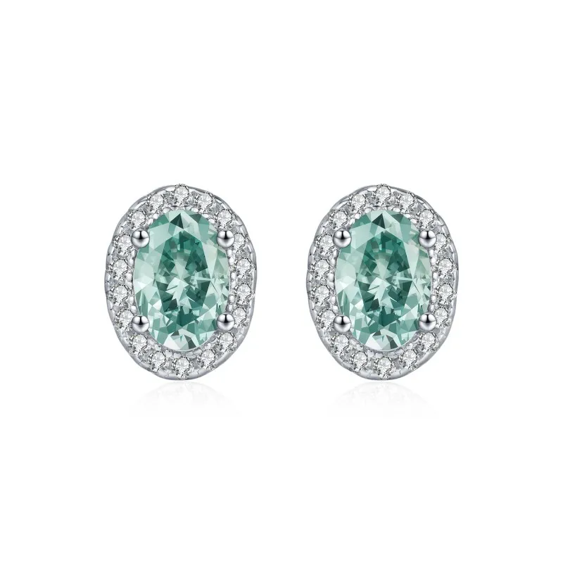 925 Sterling Silver Cyan Green Oval Moissanite Halo Stud Earrings 110100054