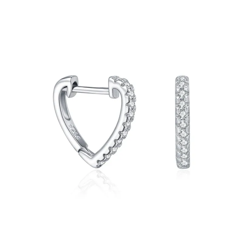 925 Sterling Silver Pave Moissanite Heart Shape Huggie Hoops 110100057