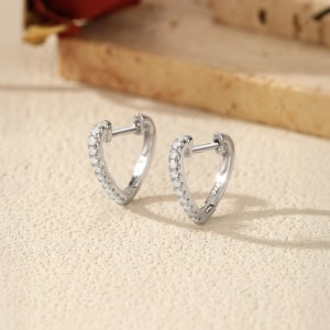 925 Sterling Silver Pave Moissanite Heart Shape Huggie Hoops 110100057