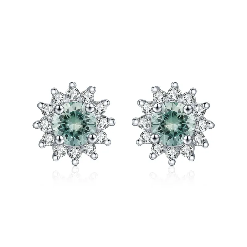 925 Sterling Silver Cyan Green Moissanite Snowflake Halo Earrings 110100060