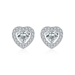 925 Sterling Silver Heart Cut Halo Moissanite Stud Earrings 110100061