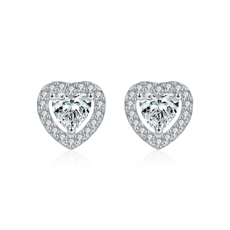 925 Sterling Silver Heart Cut Halo Moissanite Stud Earrings 110100061