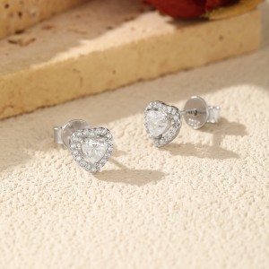 925 Sterling Silver Heart Cut Halo Moissanite Stud Earrings 110100061