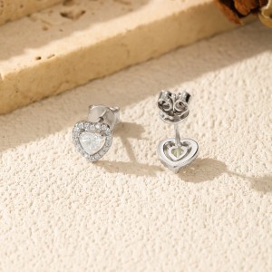 925 Sterling Silver Heart Cut Halo Moissanite Stud Earrings 110100061