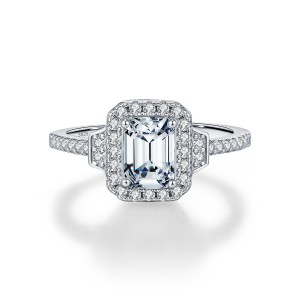 925 Sterling Silver Vintage Emerald Cut Halo Moissanite Ring 110200054