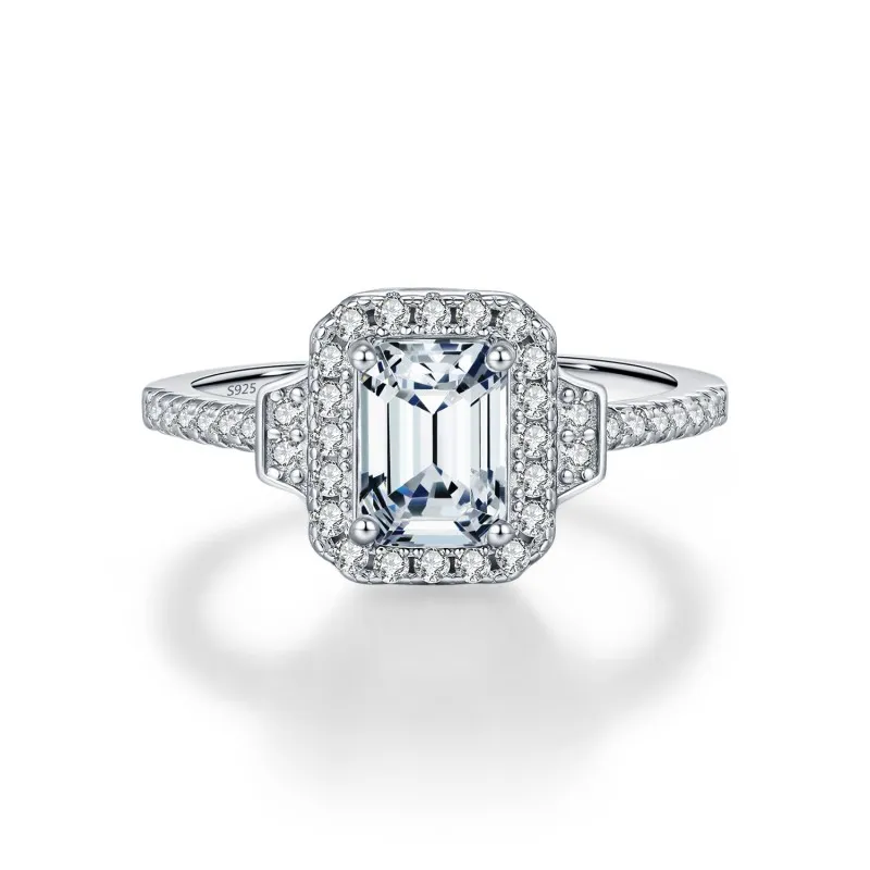 925 Sterling Silver Vintage Emerald Cut Halo Moissanite Ring 110200054