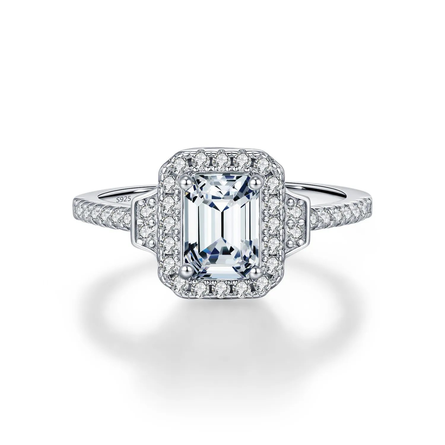 925 Sterling Silver Vintage Emerald Cut Halo Moissanite Ring 110200054
