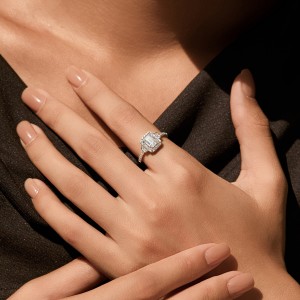 925 Sterling Silver Vintage Emerald Cut Halo Moissanite Ring 110200054