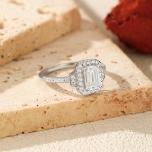 925 Sterling Silver Vintage Emerald Cut Halo Moissanite Ring 110200054