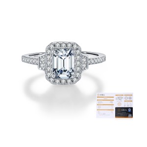 925 Sterling Silver Vintage Emerald Cut Halo Moissanite Ring 110200054