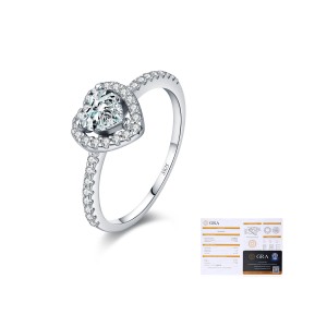925 Sterling Silver Heart Halo Pave Moissanite Ring 110200055