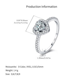 925 Sterling Silver Heart Halo Pave Moissanite Ring 110200055