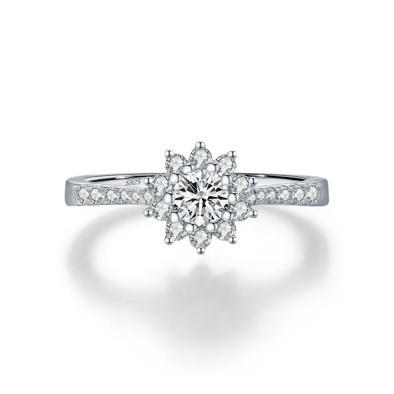 925 Sterling Silver Flower Halo Pave Moissanite Ring 110200056