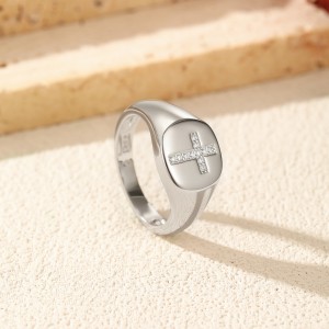 925 Sterling Silver Hip Hop Moissanite Cross Signet Ring 110200060