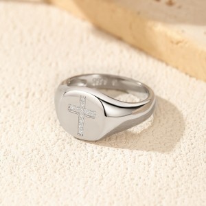 925 Sterling Silver Hip Hop Moissanite Cross Signet Ring 110200060