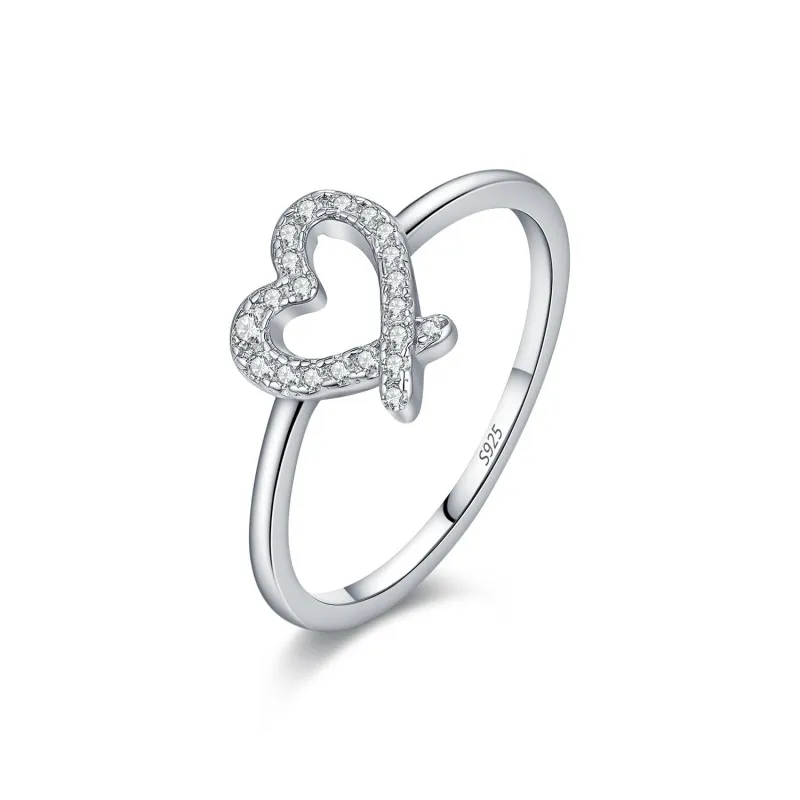 925 Sterling Silver Asymmetrical Pave Heart Moissanite Ring 110200061