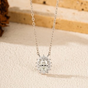 925 Sterling Silver 1ct Oval Halo Moissanite Pendant Necklace 110300023