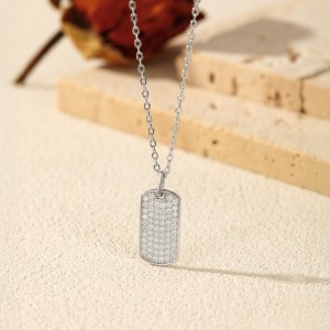 925 Sterling Silver Full Pave Moissanite Tag Pendant Necklace 110300024