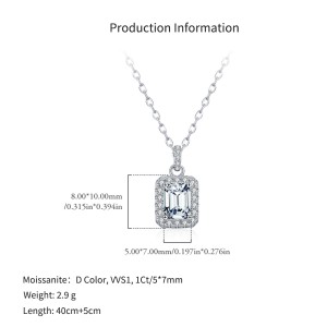 925 Sterling Silver 1Ct Emerald Cut Moissanite Pendant Necklace 110300027