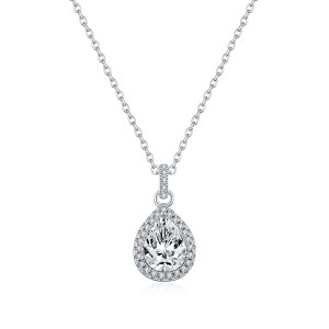 925 Sterling Silver Pear Shape Halo Moissanite Necklace 110300028