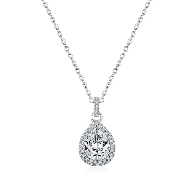 925 Sterling Silver Pear Shape Halo Moissanite Necklace 110300028