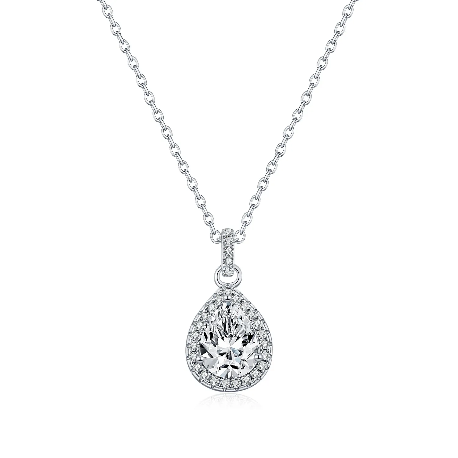 925 Sterling Silver Pear Shape Halo Moissanite Necklace 110300028