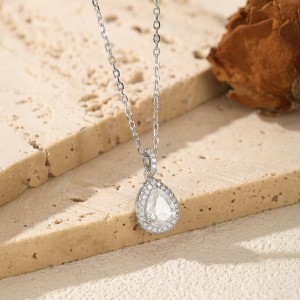 925 Sterling Silver Pear Shape Halo Moissanite Necklace 110300028