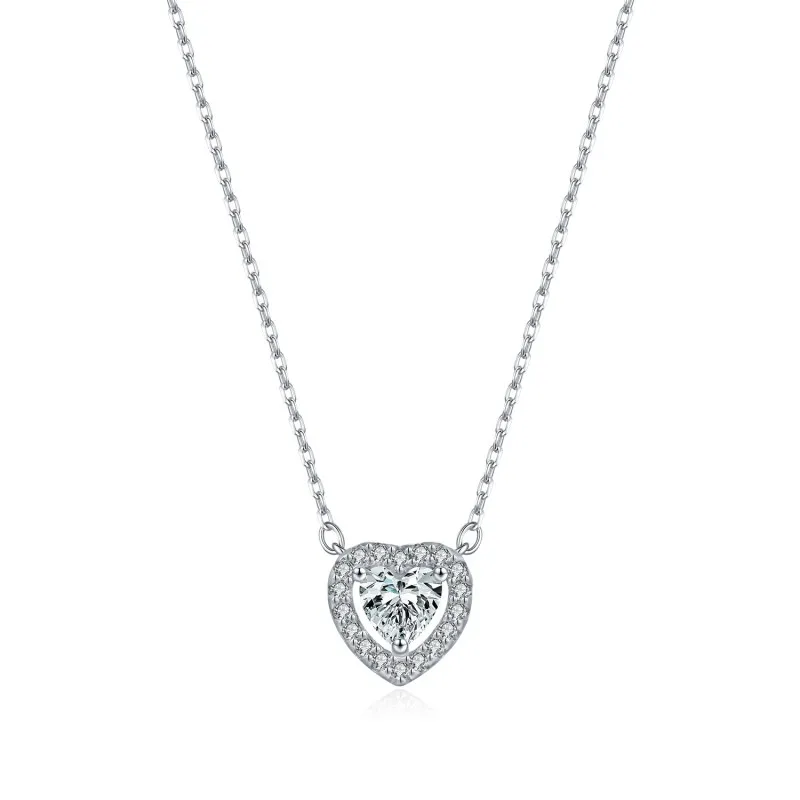 925 Sterling Silver Heart Halo Moissanite Pendant Necklace 110300029