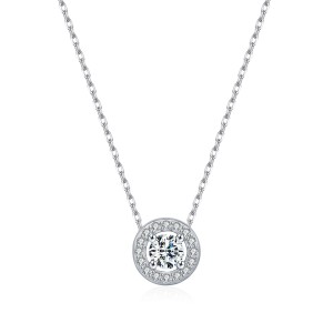 925 Sterling Silver Round Halo Pave Moissanite Necklace 110300030