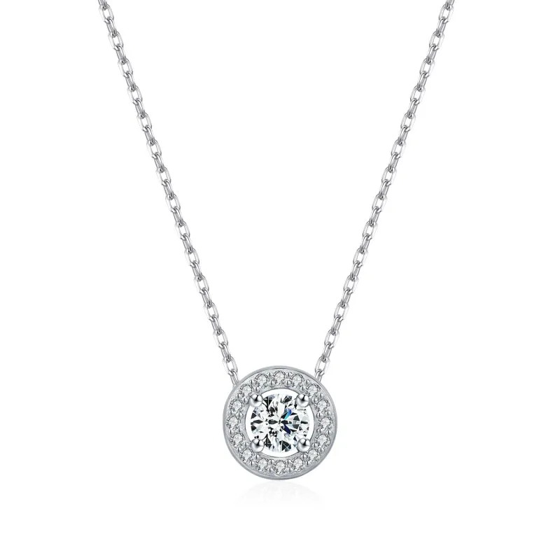 925 Sterling Silver Round Halo Pave Moissanite Necklace 110300030